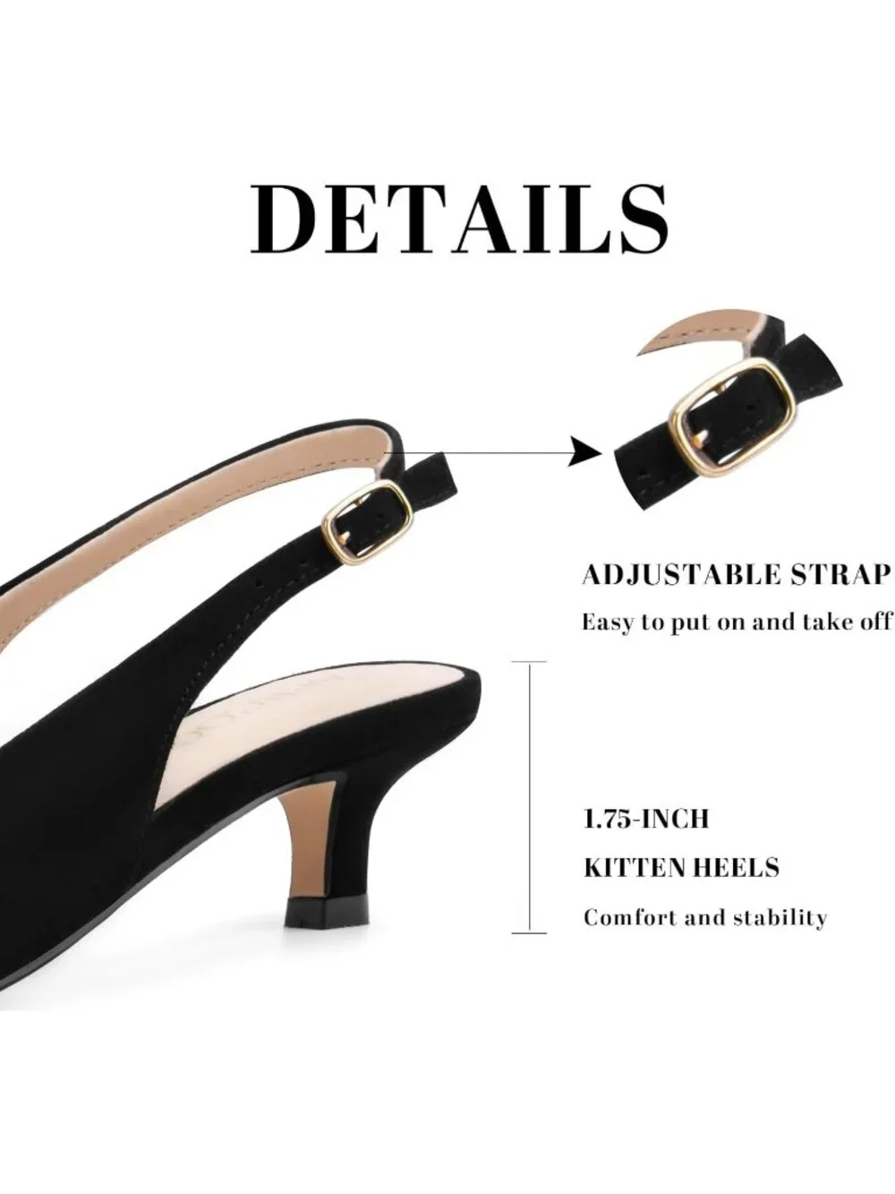 Women's Black Suede Kitten Heel Slingback Pointed Closed Toe Ankle Strap Shoes